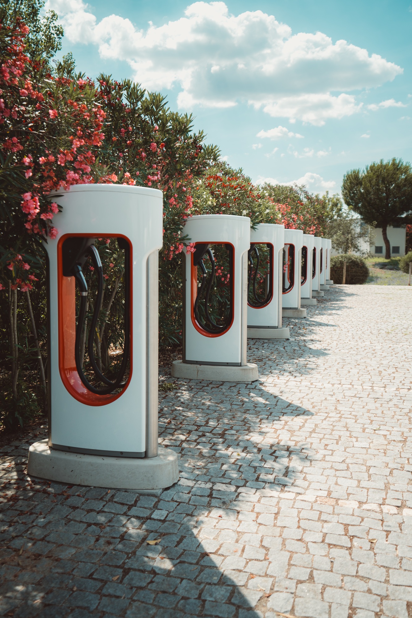 Electric vehicle chargers in a row